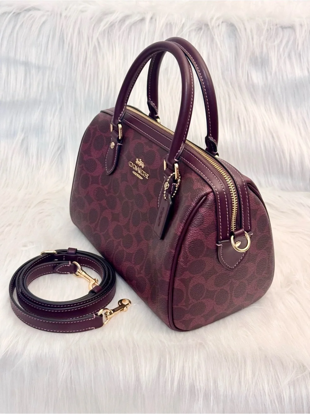 NWT Coach CV961 Rowan Satchel Bag In Signature Canvas Black Currant Color
